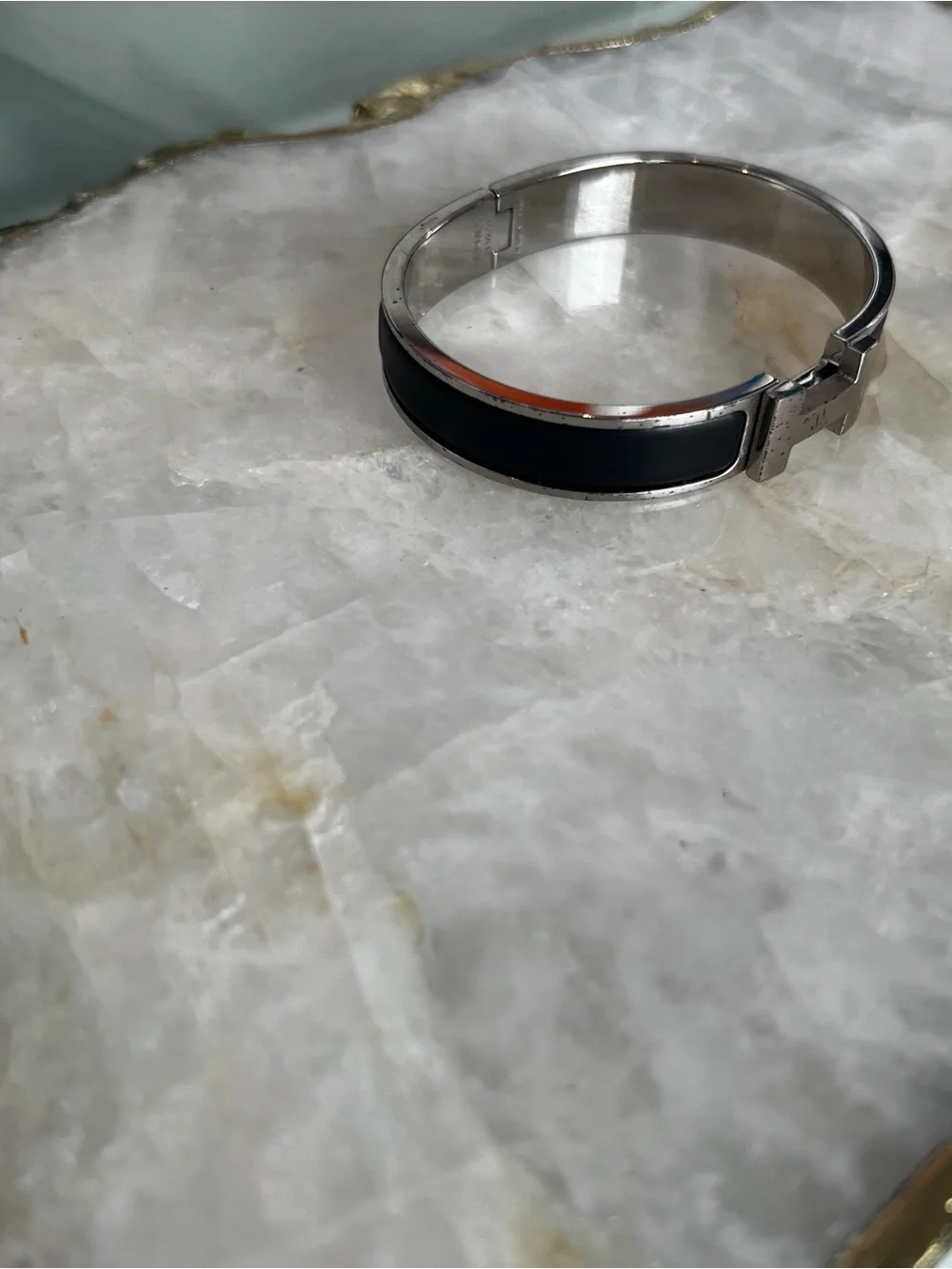 Hermes Silver-Tone Bracelet with Black Enamel H Detail